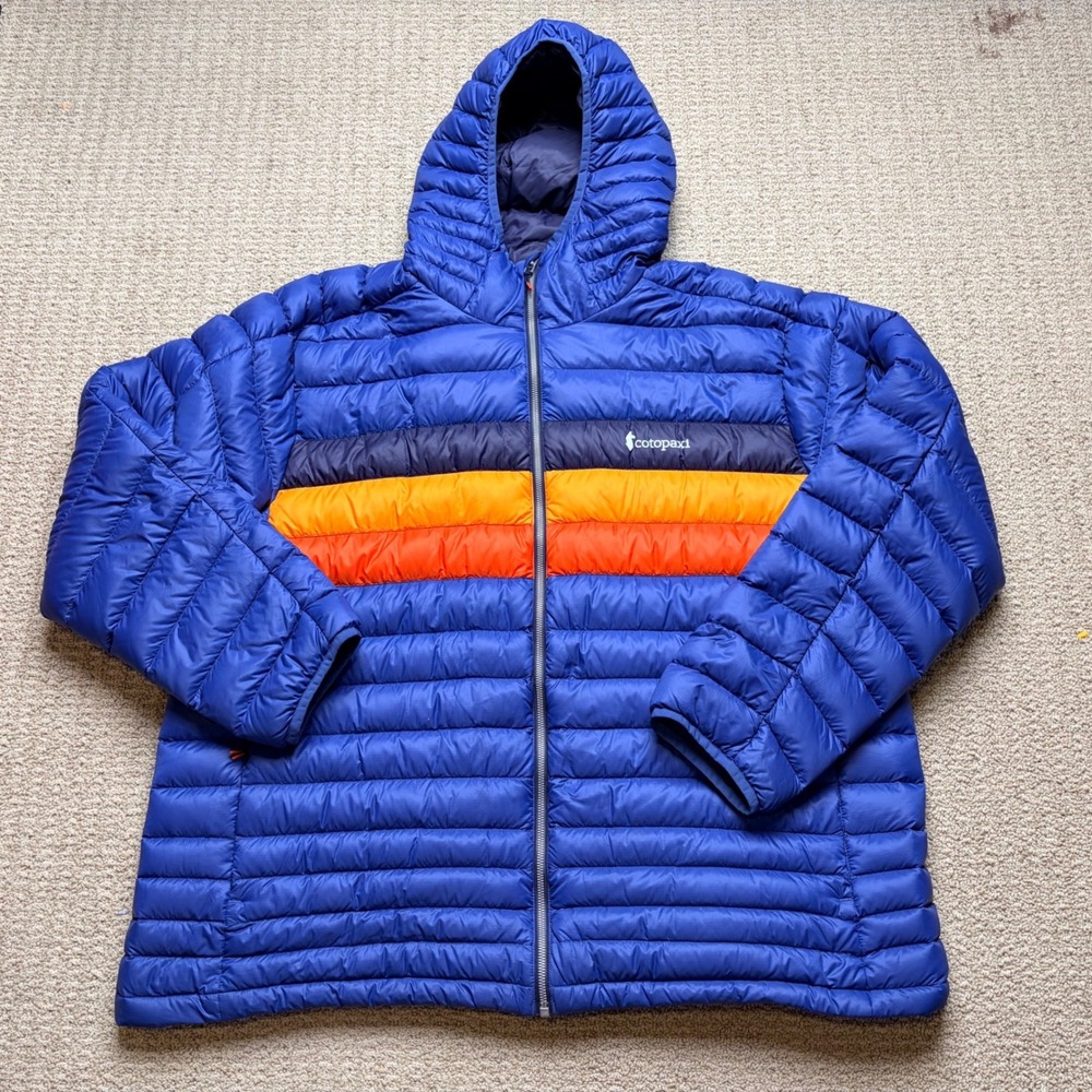 Cotopaxi 3XL Fuego Down Hooded Jacket  Blue Orange Striped Puffer Coat